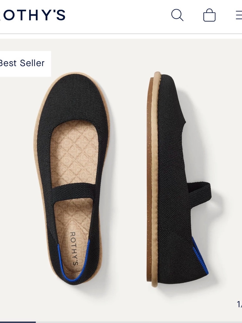 Rothy's Black Mary Jane Flats with Blue Heel Tab and Tan Sole